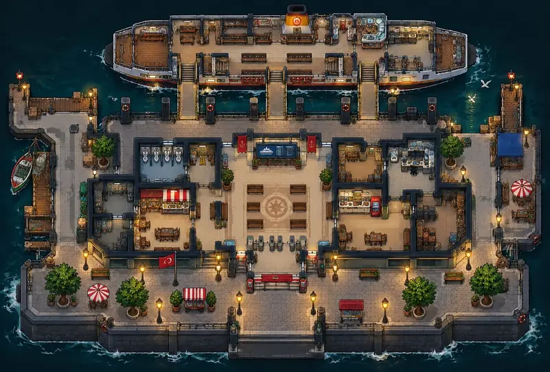 Martı İskelesi, a ferry pier at night, seen from above