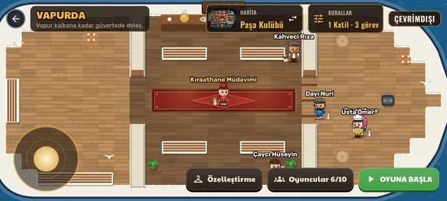 The lobby on the ferry: regulars walking on the wooden deck, with buttons for the map, the rules and the start