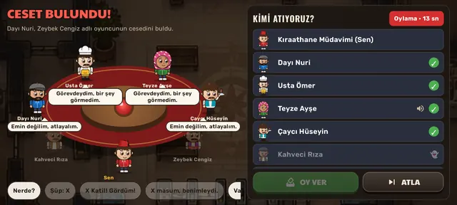 An emergency meeting at the round table: the regulars talk in speech bubbles while the voting list on the right shows who has voted